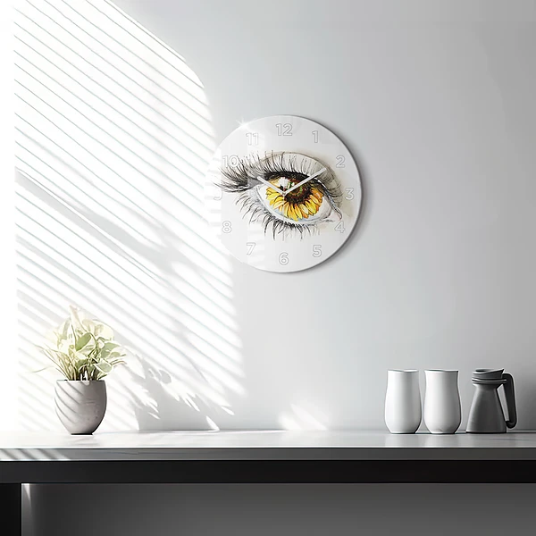 Wanduhr rund mit motiv Sonnenblume im Auge