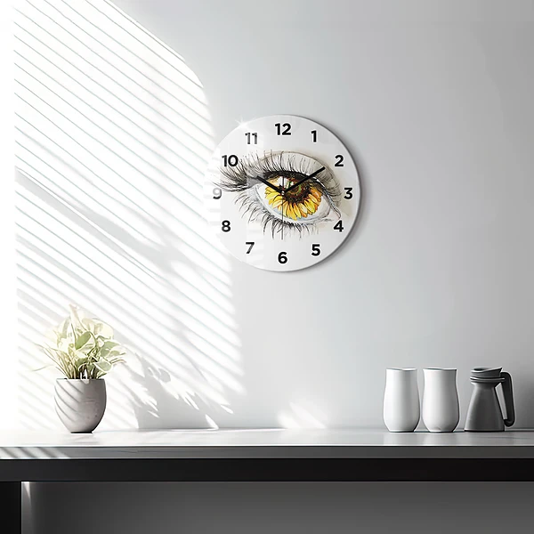 Wanduhr rund mit motiv Sonnenblume im Auge