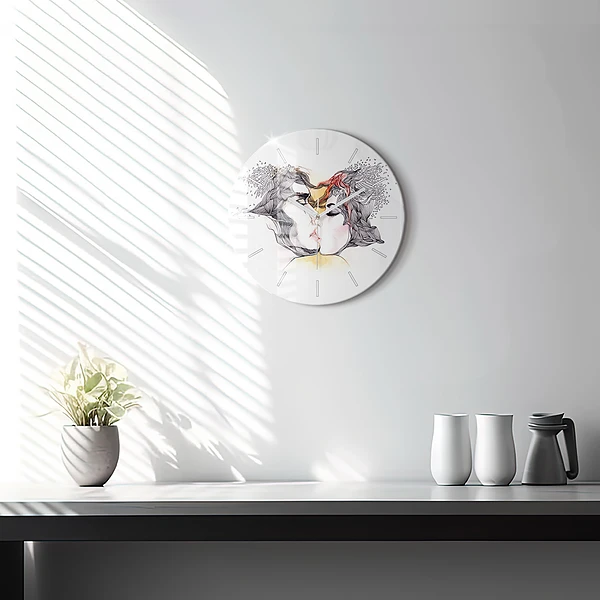 Wanduhr rund mit motiv Zeichnung eines Liebeskusses