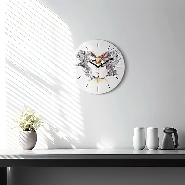 Wanduhr rund mit motiv Zeichnung eines Liebeskusses