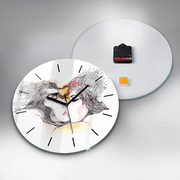 Wanduhr rund mit motiv Zeichnung eines Liebeskusses
