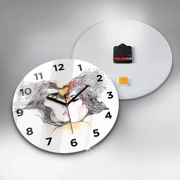 Wanduhr rund mit motiv Zeichnung eines Liebeskusses
