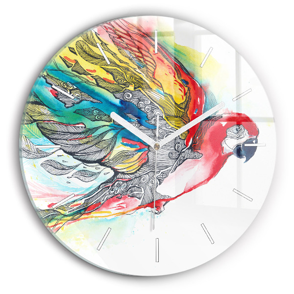 Wanduhr glas rund Bunter Papagei im Flug