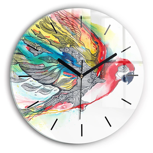 Wanduhr glas rund Bunter Papagei im Flug