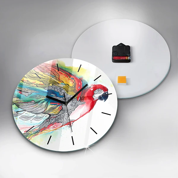 Wanduhr glas rund Bunter Papagei im Flug