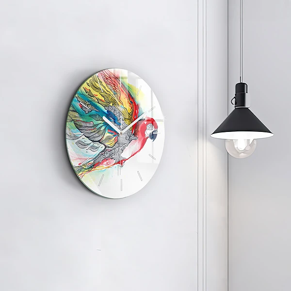Wanduhr glas rund Bunter Papagei im Flug