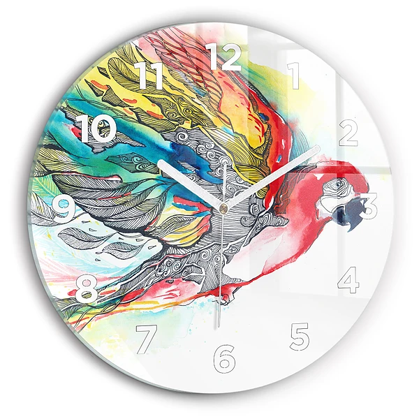 Wanduhr glas rund Bunter Papagei im Flug