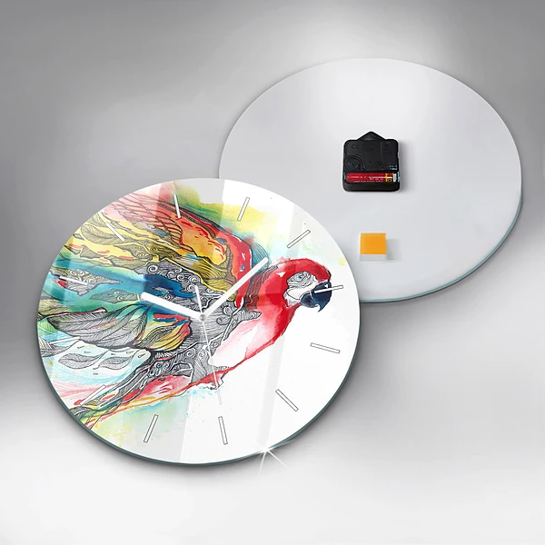 Wanduhr glas rund Bunter Papagei im Flug