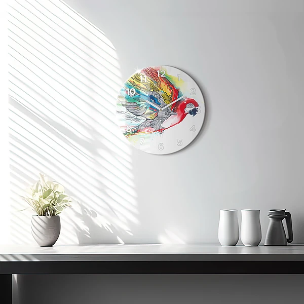 Wanduhr glas rund Bunter Papagei im Flug