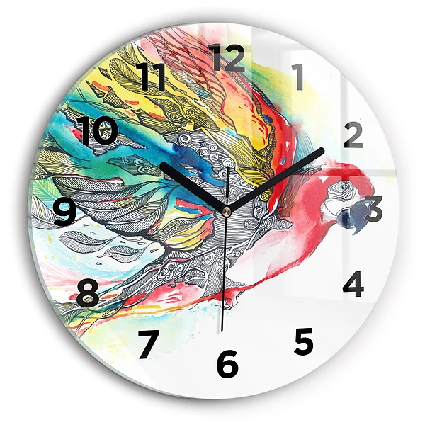 Wanduhr glas rund Bunter Papagei im Flug