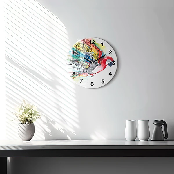 Wanduhr glas rund Bunter Papagei im Flug
