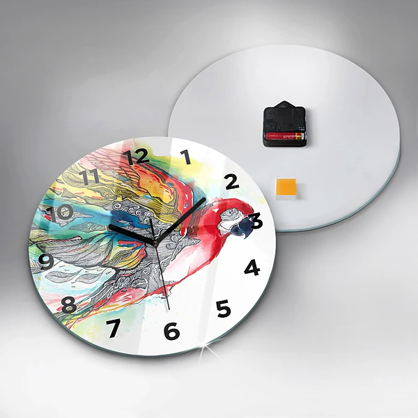 Wanduhr glas rund Bunter Papagei im Flug
