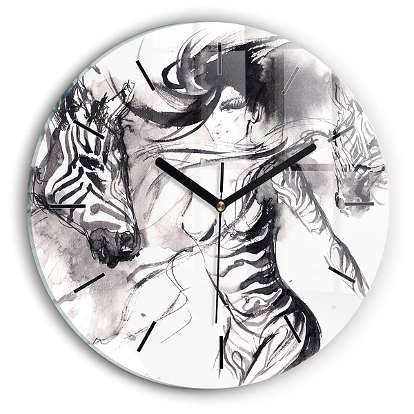 Wanduhr rund Frau und Zebras