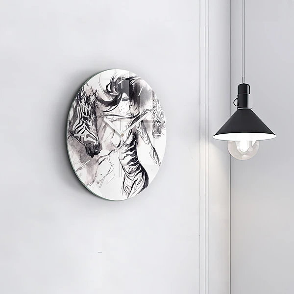 Wanduhr rund Frau und Zebras