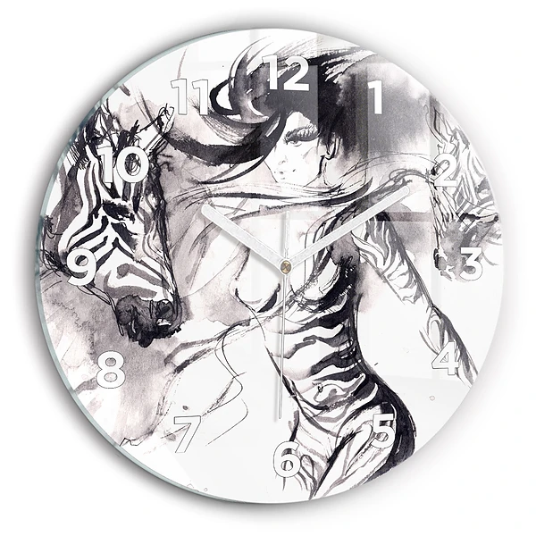 Wanduhr rund Frau und Zebras