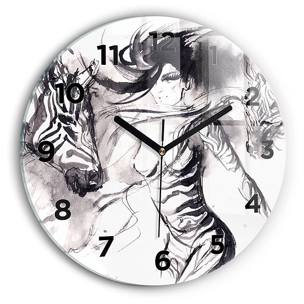 Wanduhr rund Frau und Zebras