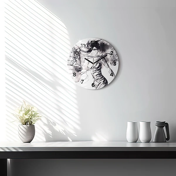 Wanduhr rund Frau und Zebras