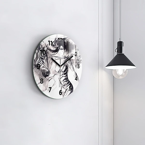 Wanduhr rund Frau und Zebras