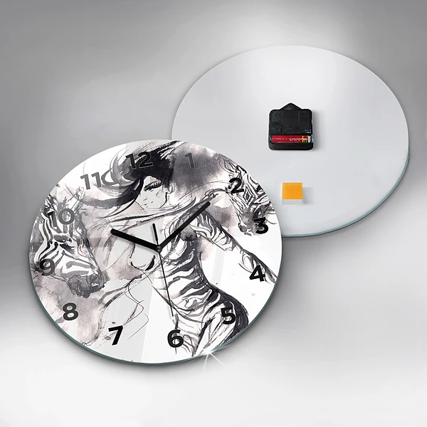Wanduhr rund Frau und Zebras