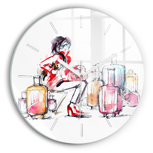 Wanduhr rund mit motiv Frau Reisekoffer