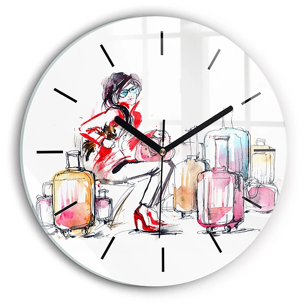 Wanduhr rund mit motiv Frau Reisekoffer