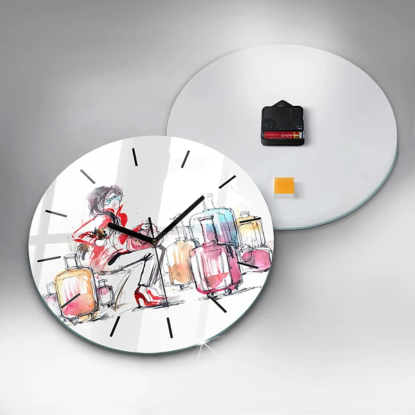 Wanduhr rund mit motiv Frau Reisekoffer