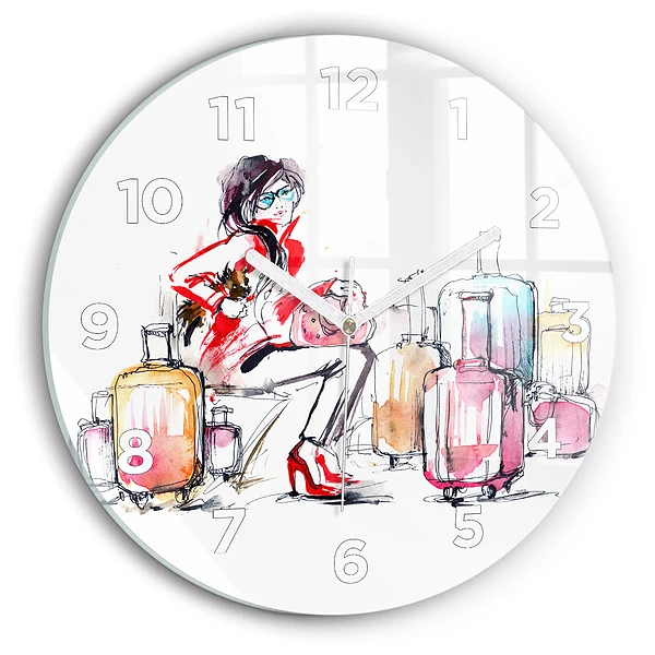 Wanduhr rund mit motiv Frau Reisekoffer