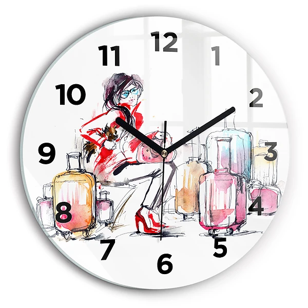 Wanduhr rund mit motiv Frau Reisekoffer