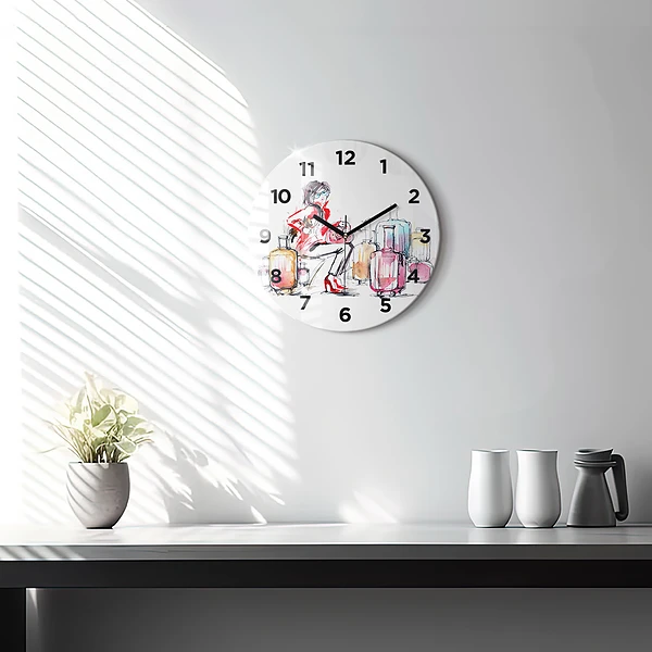 Wanduhr rund mit motiv Frau Reisekoffer