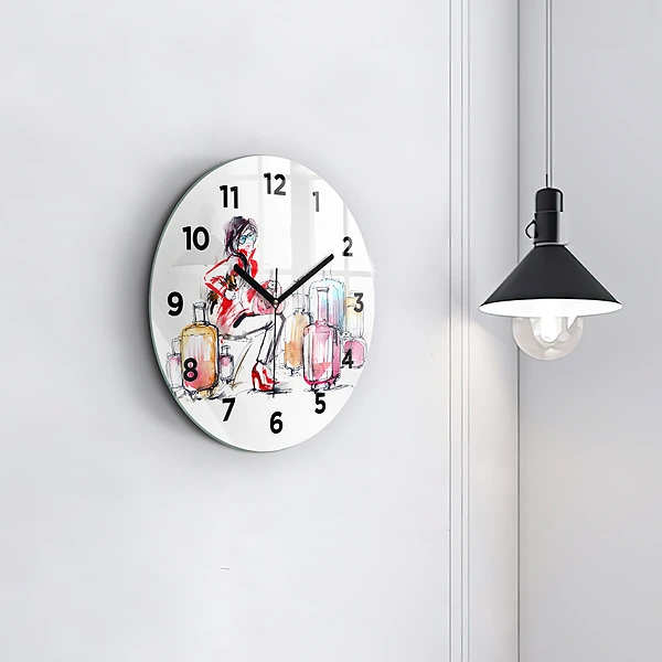 Wanduhr rund mit motiv Frau Reisekoffer