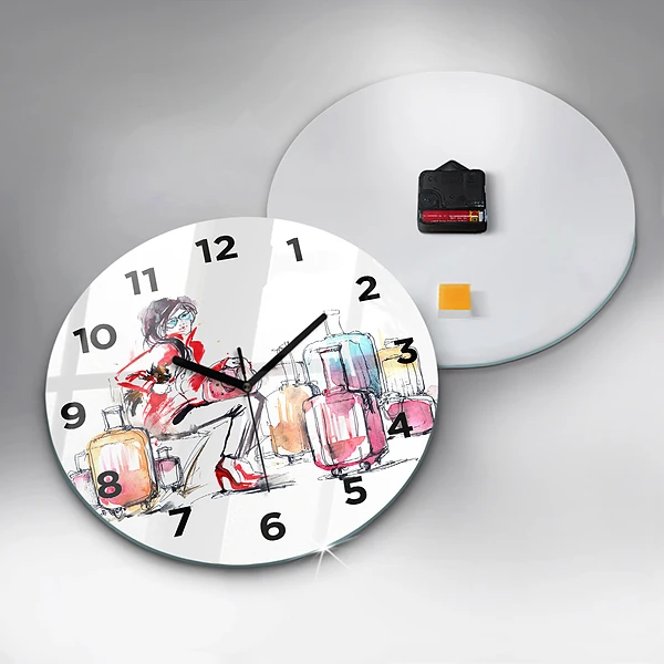Wanduhr rund mit motiv Frau Reisekoffer