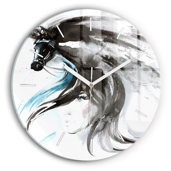 Wanduhr glas rund Abstraktes Pferd und Frau