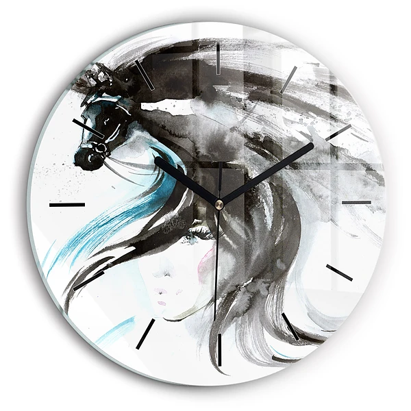 Wanduhr glas rund Abstraktes Pferd und Frau