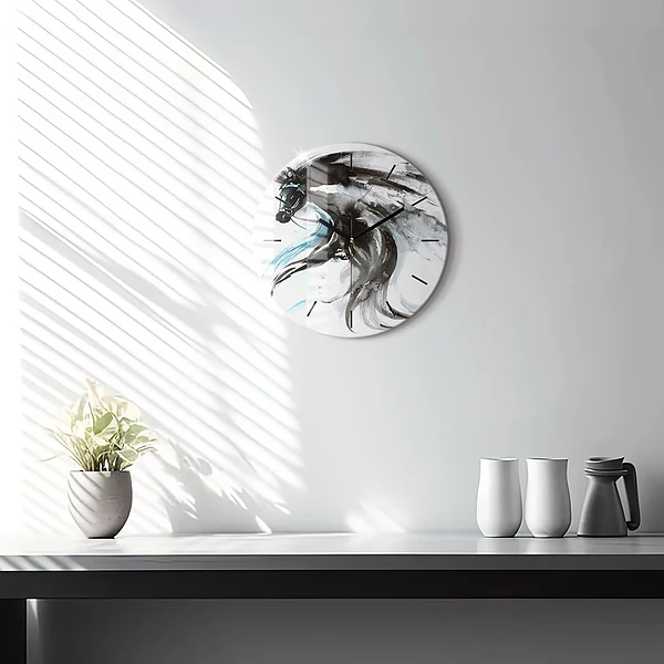 Wanduhr glas rund Abstraktes Pferd und Frau
