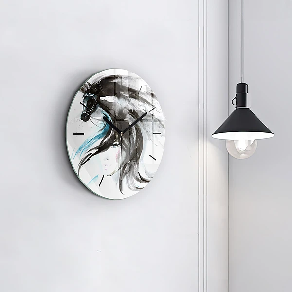 Wanduhr glas rund Abstraktes Pferd und Frau