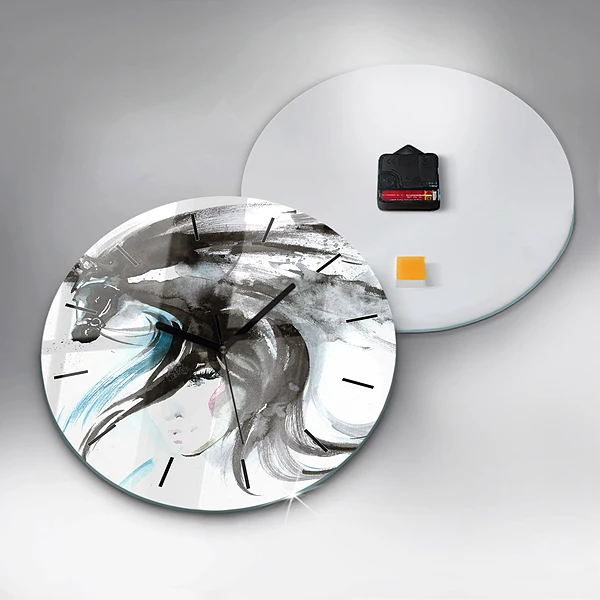 Wanduhr glas rund Abstraktes Pferd und Frau