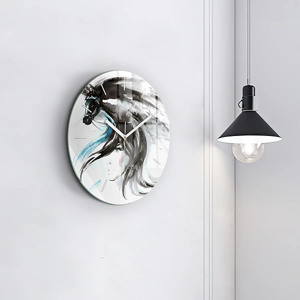 Wanduhr glas rund Abstraktes Pferd und Frau
