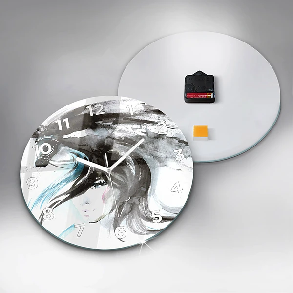 Wanduhr glas rund Abstraktes Pferd und Frau