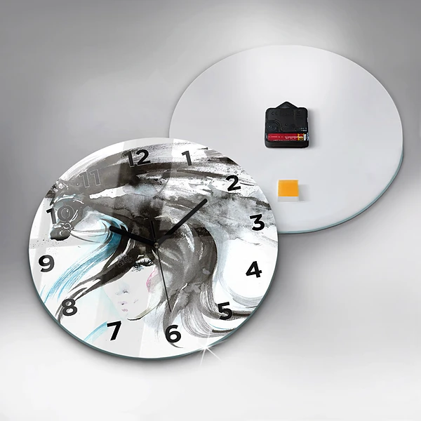 Wanduhr glas rund Abstraktes Pferd und Frau