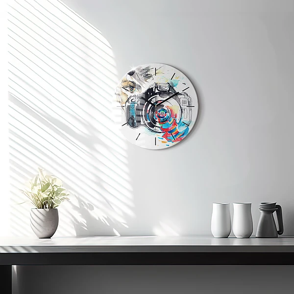 Wanduhr rund Fotografin mit Kamera