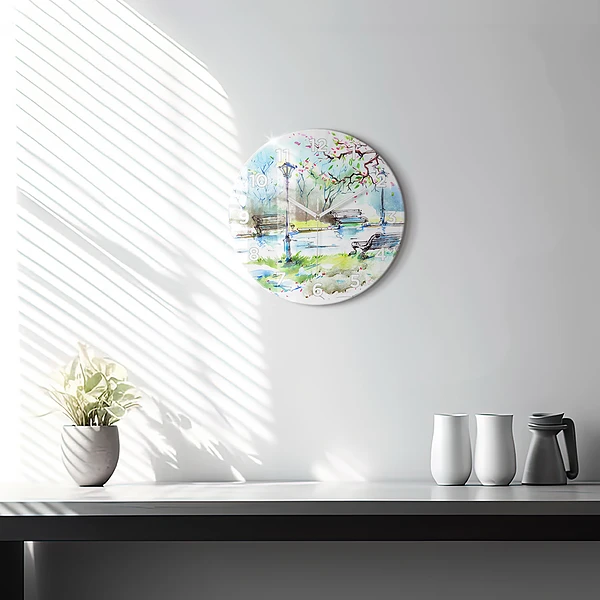 Wanduhr glas rund Malerischer Frühling