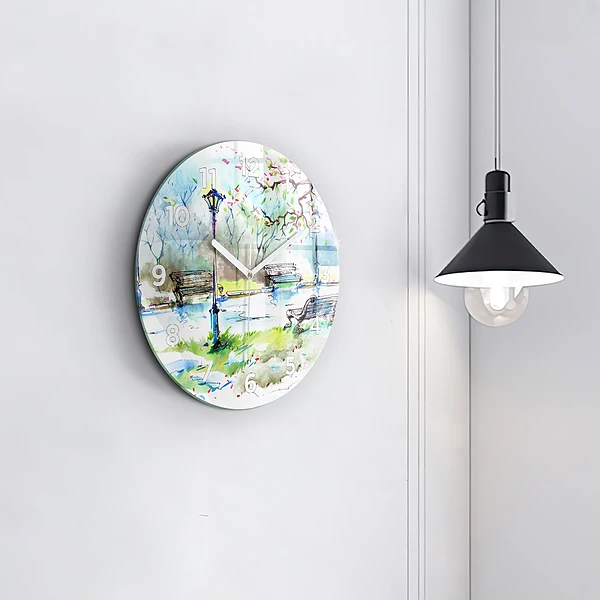 Wanduhr glas rund Malerischer Frühling