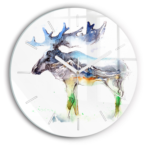 Wanduhr glas rund Elch und Berglandschaft