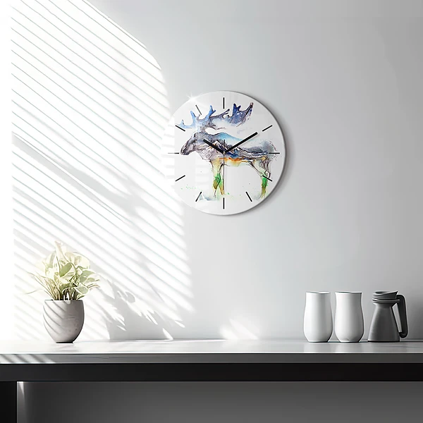 Wanduhr glas rund Elch und Berglandschaft