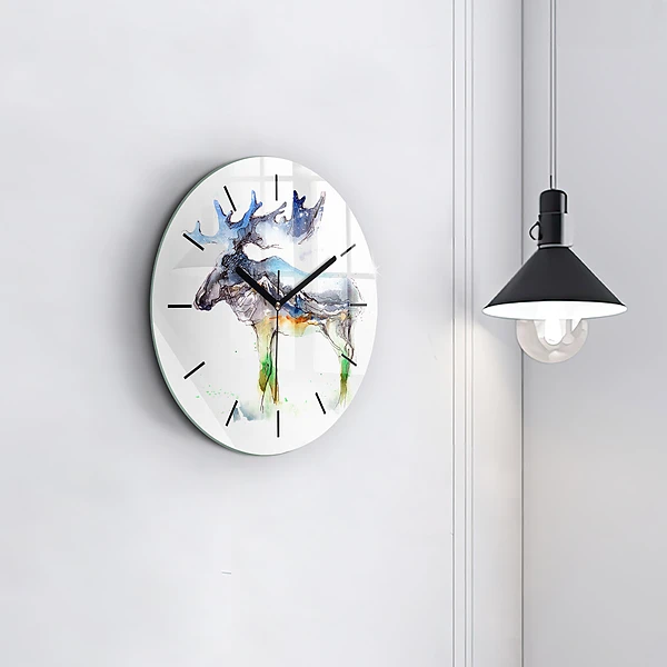 Wanduhr glas rund Elch und Berglandschaft