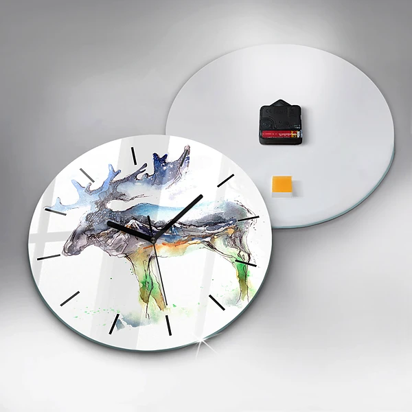 Wanduhr glas rund Elch und Berglandschaft