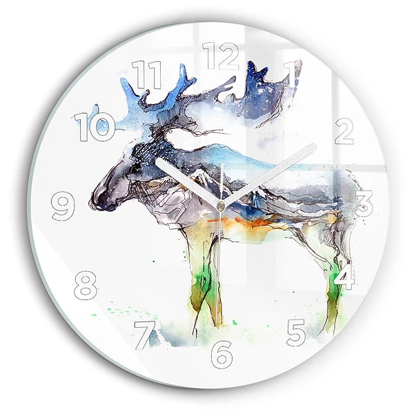 Wanduhr glas rund Elch und Berglandschaft
