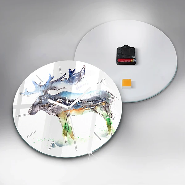 Wanduhr glas rund Elch und Berglandschaft