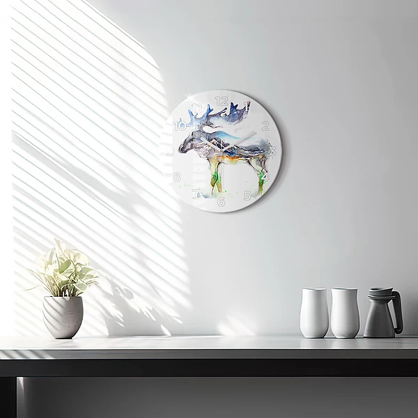 Wanduhr glas rund Elch und Berglandschaft