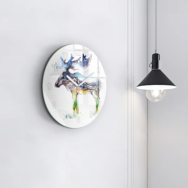 Wanduhr glas rund Elch und Berglandschaft